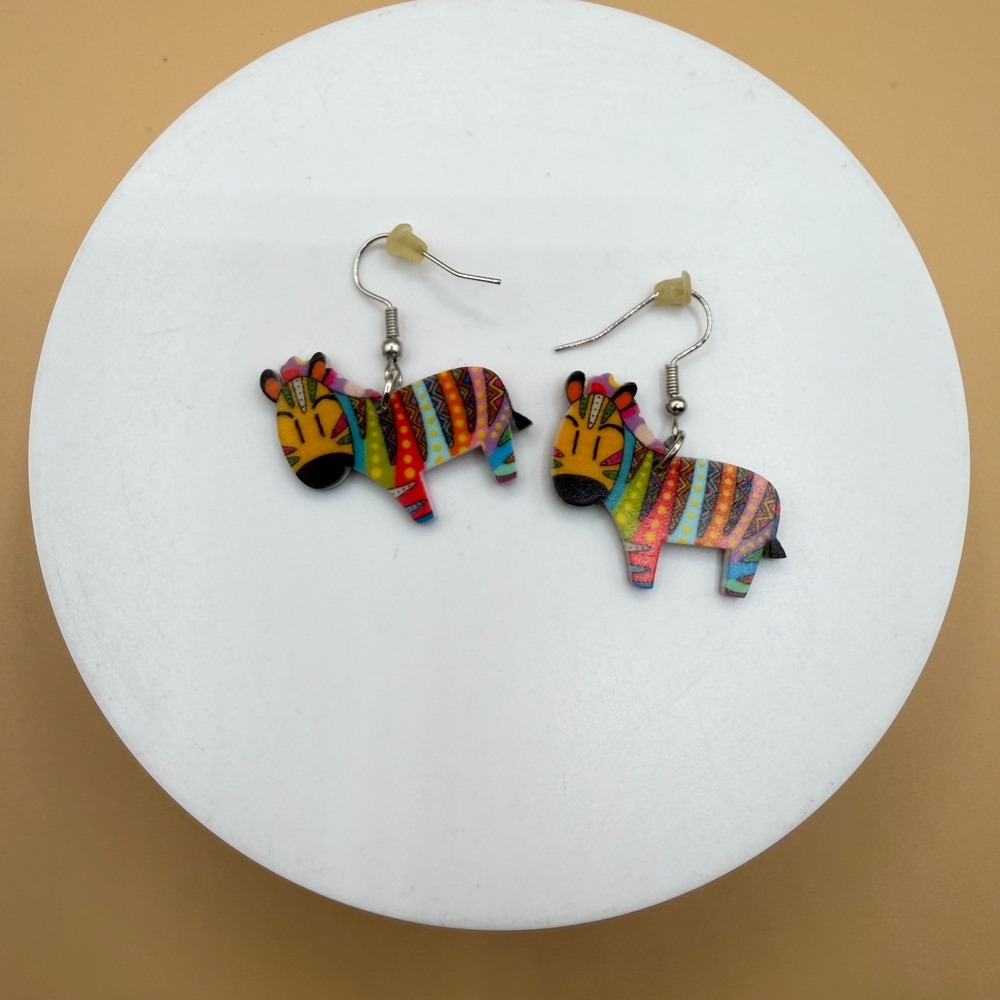 Colorful Zebra Dangle Earrings Boho Animal Statement Rainbow Festival Fun Gift